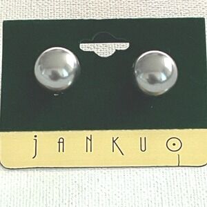 Stud Earrings Faux Pearl Dark Gray Silver-Tone Push Back Classic New